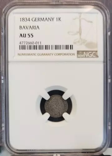1834 GERMANY SILVER 1 KREUZER BAVARIA LUDWIG I NGC AU 55 HIGH GRADE SCARCE COIN