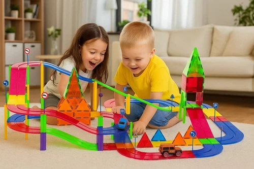 Mag-Genius 124 Piece Racing 3D Magnet Toy Car and Includes 8 Bonus Road Signs