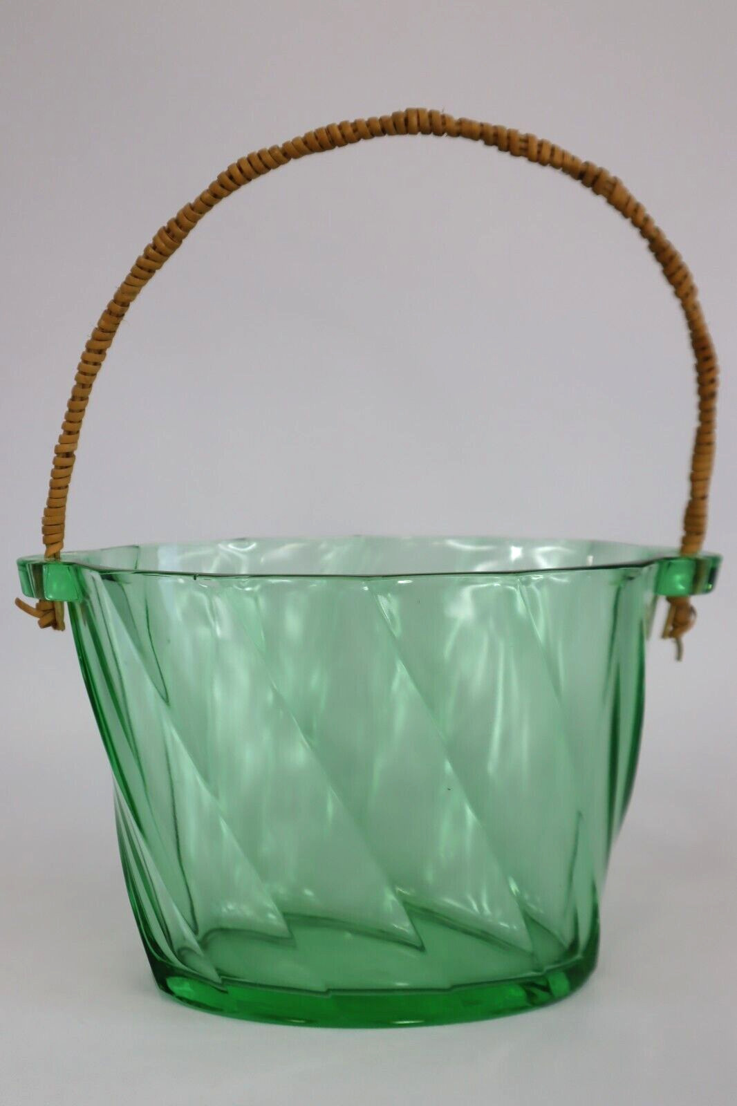 1930s Heisey Green Moongleam Twist ICE BUCKET w/ Original Tongs Uranium Glass
