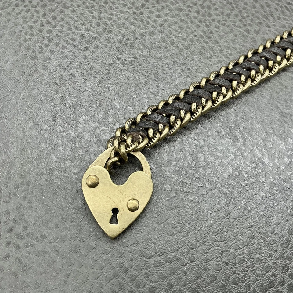 Pulsera candado corazón fósil cuero tejido cadena palanca tono dorado encanto para mujer Foto 2 de 4