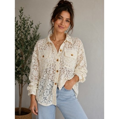 BiBi Women Floral Lace Button Down Shirt Cream Boho Long Sleeve XL boho festival