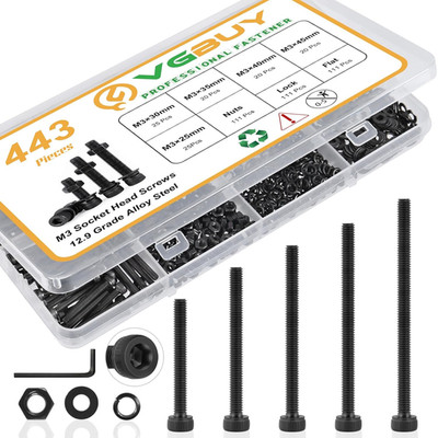 VGBUY 443Pcs M3 Screws Assortment Kit for 3D Printer DIY, M3X25/30/35/40/45Mm, H