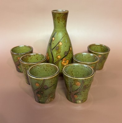 Vintage 1960sSet of 7  Otagiri OMC Japan Sake Set MCM Olive Green Plum Blossom
