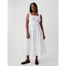 Gap x Doen White Eyelet Smocked Sleeveless Midi Dress Tiered Ruffle Cotton Large
