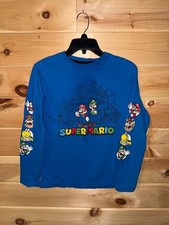 Super Mario Long Sleeve Shirt Boys 14/16 Blue Graphic Characters Nintendo Tee
