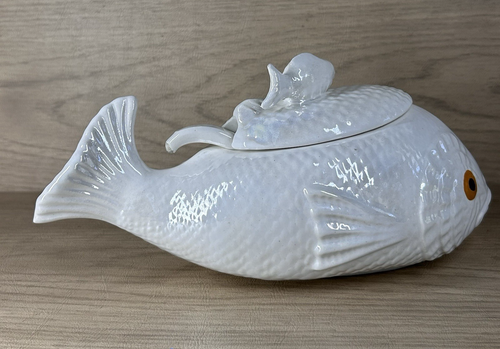 Iridescent Indivdual Fish Tureen Lid Spoon 9" Vintage Serving Bowl - Picture 6 of 16
