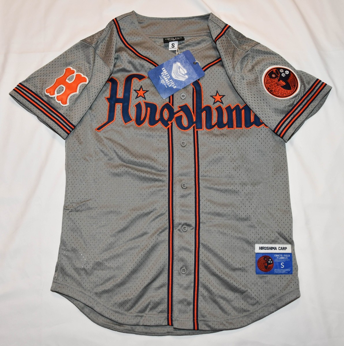 NEW! Ebbets Field Flannels EFF Hiroshima Carp Button Up Mesh Gray