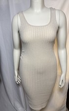 Shein Medium Cream Beige Ribbed Bodycon Midi Dress Sleeveless Scoop Neck Stretch