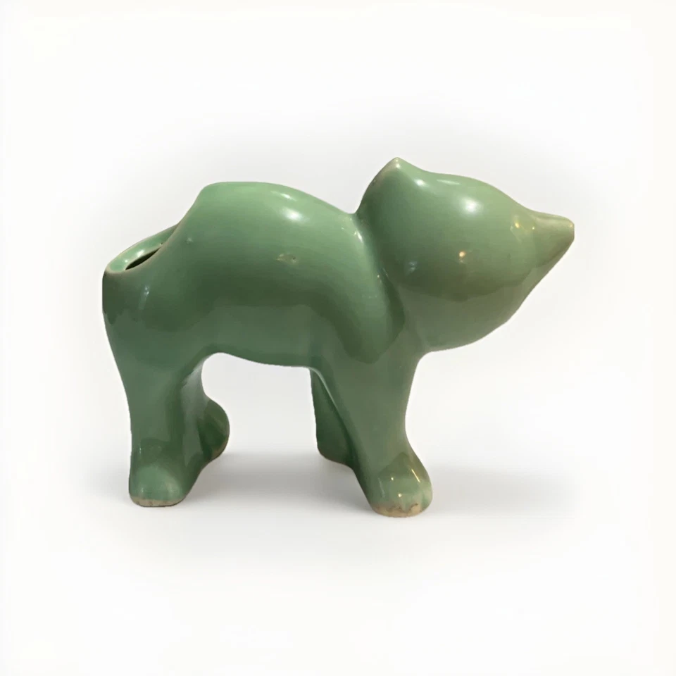 Vtg MCM McCoy Cat Planter Figurine Green Art Pottery. See Descrip Notes Glow - Image 4 of 4