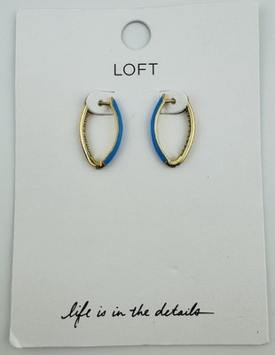 LOFT Gold Tone Blue Enamel Inside Out Hoop Earrings With Rhinestones NEW ON CARD