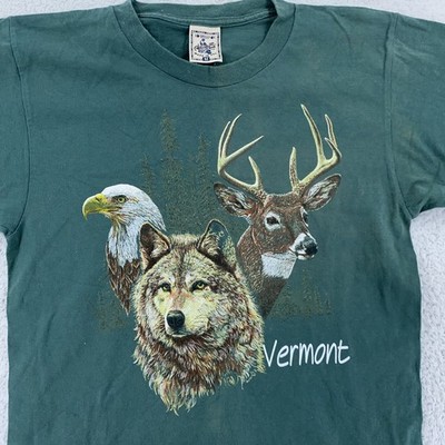 Vintage Vermont Wildlife Shirt Mens Medium Wolf Eagle Deer Nature Made USA 90s