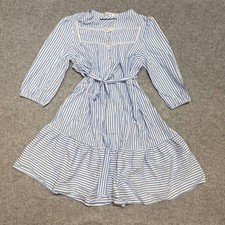 ECOWISH Womens Blue White Striped Tiered Mini Dress Lace Trim Size Medium