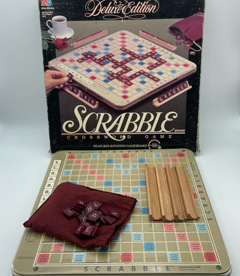SCRABBLE Deluxe Edition 1989 Crossword Game Burgundy Rotating Turntable Vintage