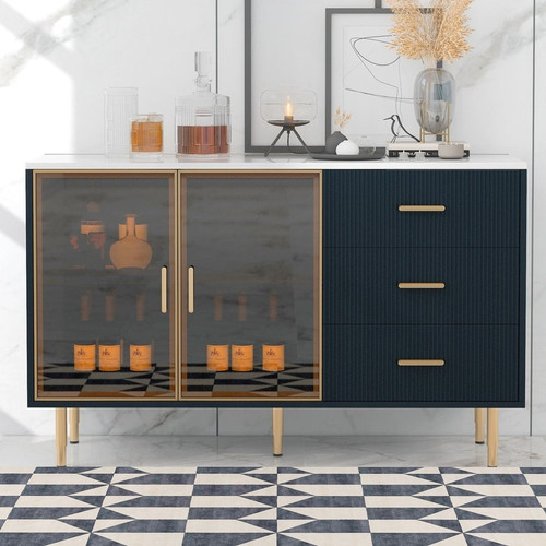 Modern Sideboard Buffet Cabinet with Marble Sticker Tabletop and Amber-yellow