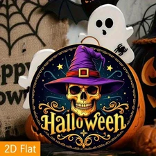 2D FlatA 2D Flat Round Aluminum Sign, Decorated with Halloween Witch Skull And H