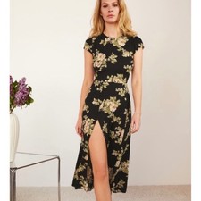 Reformation Gavin Black Floral Maxi Dress Open Back Slit Short Sleeve Size 2