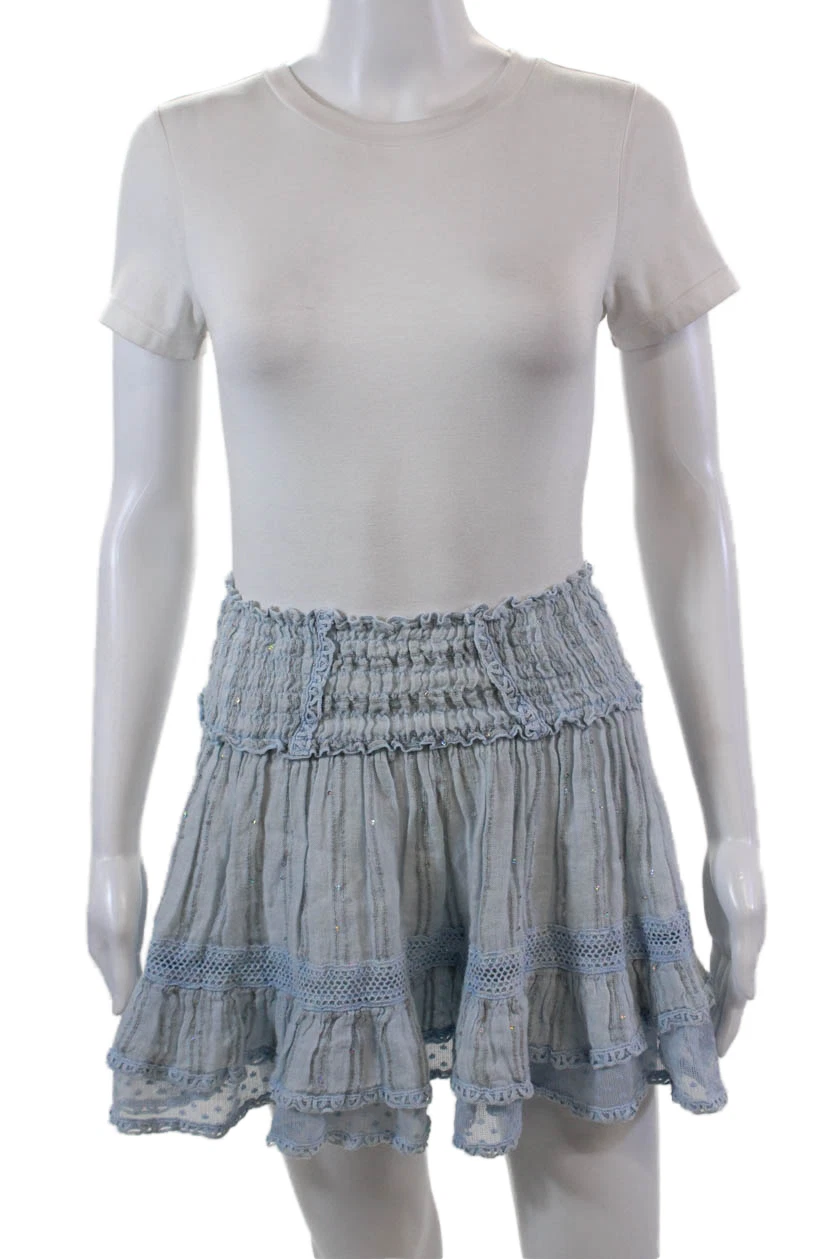 Sunday Womens Linen Sequins Detail Smocked Mini Skirt Blue Size S
