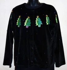 MICHAEL SIMON  BLACK VELOUR CHRISTMAS TREES SWEATER EMBROIDERY BEADS SEQUINS