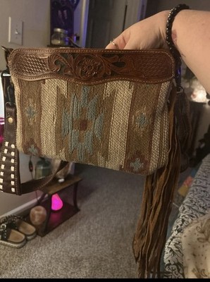 Myra Women's Western Cross Body Brown Fringe Studded Tooled Leather