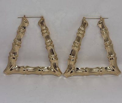 Gold Tone Metal Bamboo Textured Large Pierced Earrings Vintage Lightweight