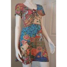 Peace + Love Owls Multi Color Short Sleeve V Neck Boho Mini Dress Women's Size M