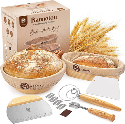Sourdough Bread Baking Kit - 14-Piece Set with 10'' round & 11'' Oval Rattan Banne