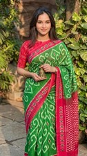 Ikat Digital Print Soft Linen Saree Handloom Style Matching Blouse Indian Sari