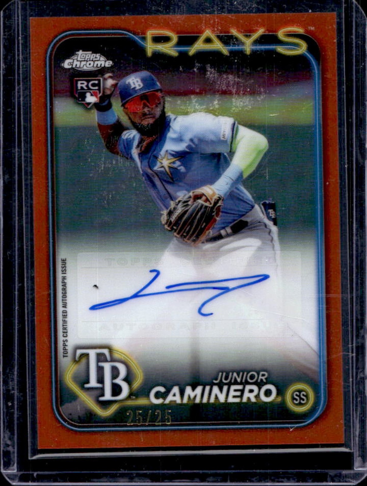 2024 Topps Chrome Update Junior Caminero Auto RC Orange Refractor #25/25 Rays