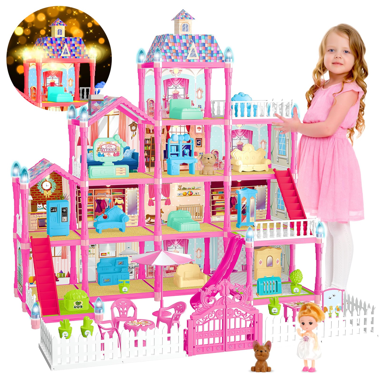 Villa Playset for Girls Ages 3-7, 4-Story 12 Room House with 2 Dolls, Furniture