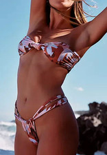 STONE FOX SWIM LELE KNOTTED BANDEAU TOP BIJOU BIKINI SWIMSUIT BOTTOMS SET S M