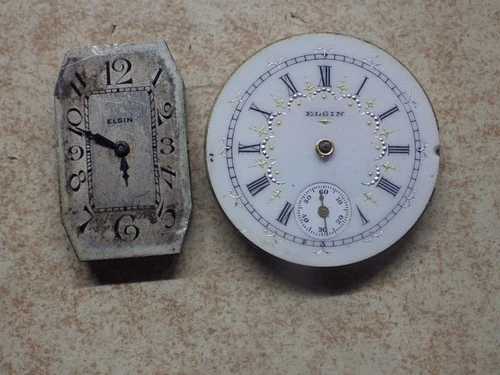 LOT OF 2 ANTIQUE ELGIN 15 JEWEL WATCH FACES MECHANISMS FOR PARTS GOLD FILL