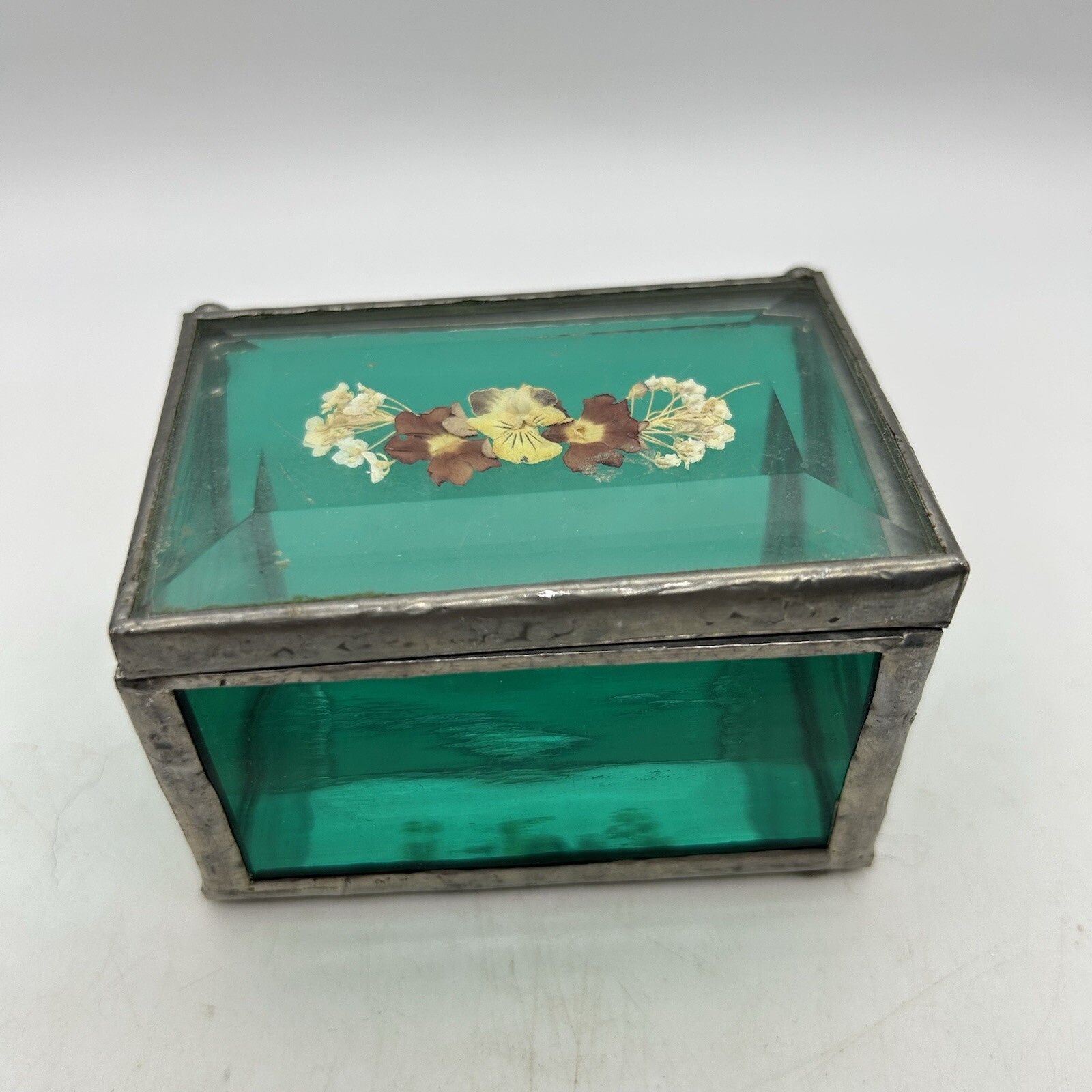 Pressed Dried Flowers Leaded Clear Beveled Glass Green Stained Glass Trinket Box-image