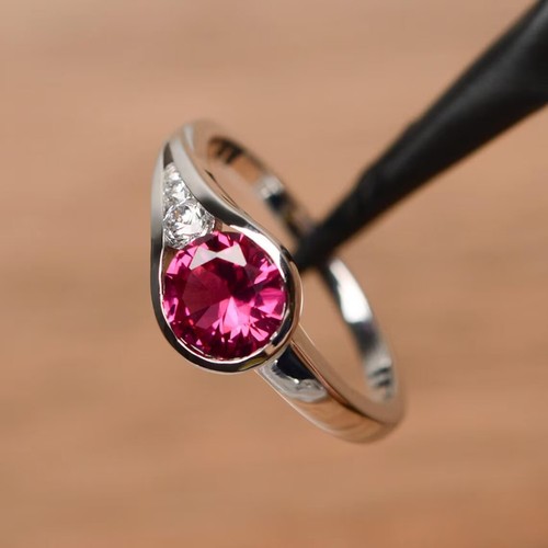 925 Sterling Silver Pink Ruby Ring Lab Created Round Gemstone Women Ring - Picture 3 of 5