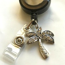 Silver Crystal Palm Tree Badge Holder Retractable Reel ID Lanyard Island Beach