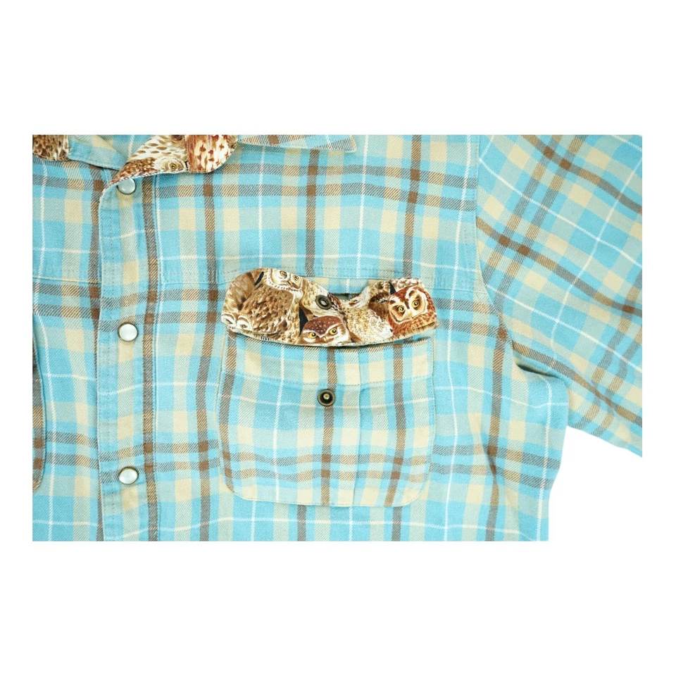 Camisa xadrez masculina Cockpit EUA grande L azul xadrez estampa de coruja com botões - Imagem 4 de 4