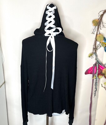 Womens Corset Hoodie Size XS Black White Lace Up Long Sleeve Shirt Bow Top  Gift