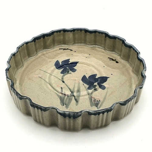Studio Pottery Tart Pie Pan Handmade Country Florals Scalloped 9 1/2