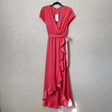 Crosby Mollie Burch Sz 2 Satin Pink Fiore Hi Lo Dress Ruffle Belted Cap Sleeves