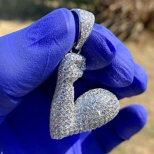 Real 925 Sterling Silver CZ Iced Strong Arm Muscle Emoji Bling Charm Pendant 1"