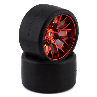 Sweep Racing 2pc VHT Crusher Belted Pre-Mounted Slick Tires Red Wheel SWPC1003R