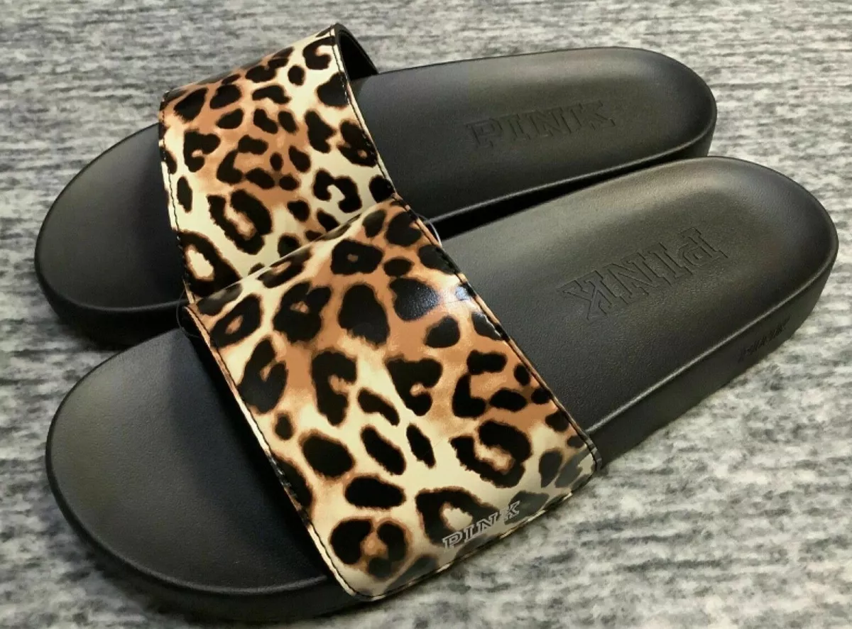 Victoria s Secret Pink Leopard Slides Sandals Single Strap Black L 9 10 NWT