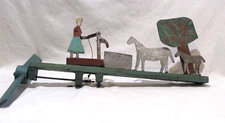 Antique Carved & Painted Wood Folk Art Whirligig Woman Pumping Water Horses Tree