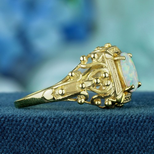 9K Yellow Gold Natural Opal Vintage Style Cocktail Filigree Ring - Picture 4 of 8