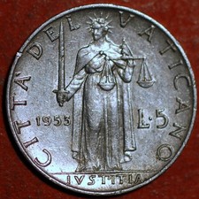 Città del Vaticano 5 Lire 1953 Pio XII KM# 51,1