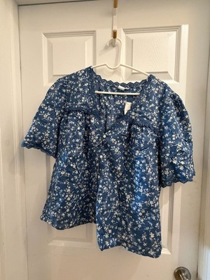 XL Gap Blouse Large Blue Button Up Ruffle V-neck Lace Cottagecore NEW NWT