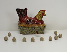 Vintage 1930s Baldwin Little Red Hen Wind Up Litho Tin Chicken Toy 10 Eggs Works