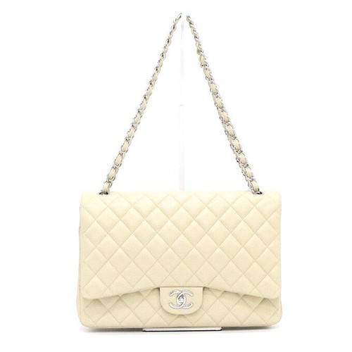 CHANEL Beige Classic Large Flap Silver Chain Shoulder Bag A58601 153894430