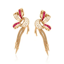 Vint Synth Ruby Ribbon Drop Earrings in 18k Gold Clip/Post Earrings