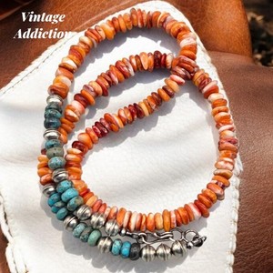 Spiny Oyster Turquoise Sterling Navajo Bench Bead Necklace Southwest Native Pawn