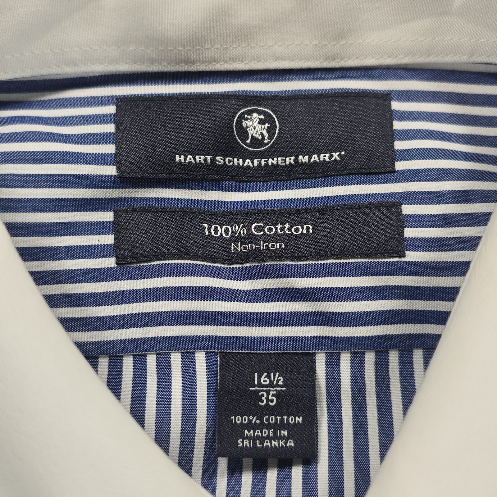 Hart Schaffner Marx Shirt Mens 16.5-35 Blue White Stripe Contrast Pin Collar